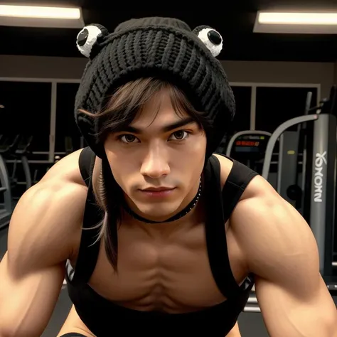 <lora:green_ois_hat:1.0>A muscular man in a black ois hat with pair frog eyes BREAK working out at the gym, in a vector art style.