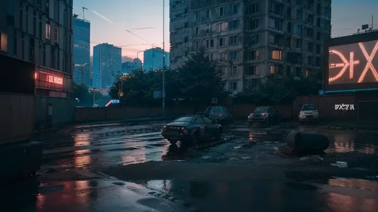 ground view, russian yard with large buildings, russianebenya, summer day, movie still, (cyberpunk), neon lights, 90mm lens, vhs, masterpiece, best quality, (film grain:1.1), ultra high res, RAW <lora:russianebenya_v2:0.8>