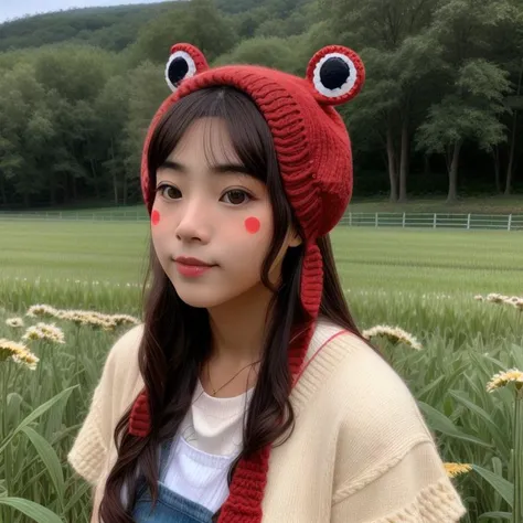 <lora:green_ois_hat:1.0>A horse wearing a huge red ois  hat with pair frog  eyes BREAK  in a field, in an impressionist style.