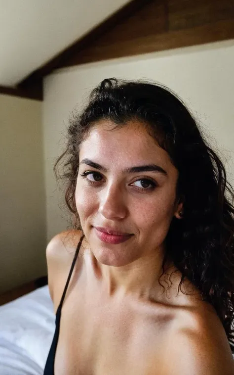 photorealistic, sharp focus, raw amateur photo, beautiful 29 yo persian-russian girl [Vladlena Farideh|Anahita Oksana], just woke up, take a selfie in bed, thin see through black nightgown, thick body, curly hair, detailed skin texture & pores, (goosebumbs:0.7), looking at viewer, face focus, taken with mobile camera, film grain, flashlight, instagram LUT