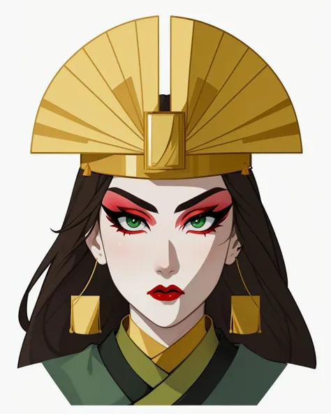 <lora:Kyoshi:0.7>, kyoshi, green eyes, makeup, eyeshadow, red lips, helmet, headdress, portrait, neutral expression