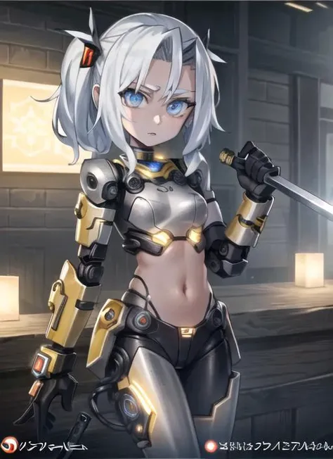 ((best quality)), ((highly detailed)), masterpiece, ((official art)), (detailed eyes, deep eyes), (1girl:1.33), <lora:vanripperartStyle:.85>, ((cyborg)), cybernetics, robot limbs, (mythril_(material)), navel, lights, LEDs, ball-joints, doll-like joints, small breasts,holding a sword
