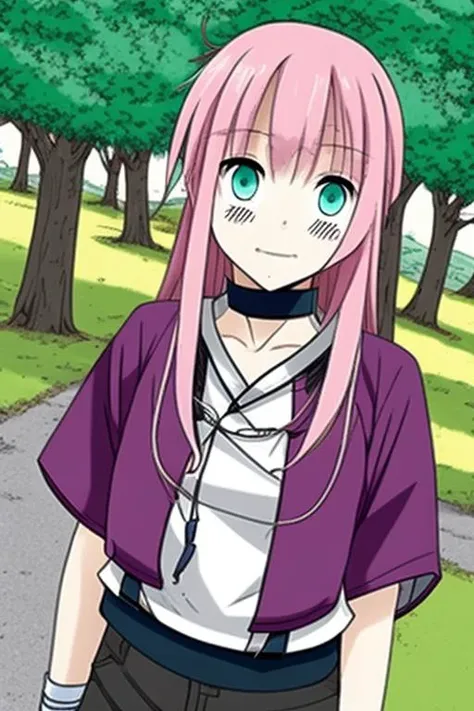 masterpiece, best quality, 1girl, haruno sakura, naruto \(series\), naruto shippuuden, konohagakure symbol, forehead mark, bangs, breasts, closed mouth, elbow sleeve, eyes visible through hair, floating hair, forehead protector, foreshortening, green eyes, hair intakes, hairband, looking at viewer, parted bangs, pink hair, shirt <lora:harunoSakuraNaruto_lykonV1:0.7> <lora:VanripArt_05:1>