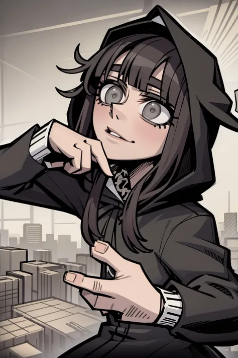 masterpiece, best quality, highly detailed, shoka \(twewy\), 1girl, animal hood, black hoodie, grey eyes, black hair, city background, thick lineart <lora:Shoka_08:0.6> <lora:VanripArt_05:1>