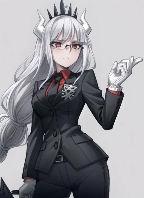 ((best quality)), ((highly detailed)), masterpiece, (detailed eyes, deep eyes), (1girl), (glasses), cowboy shot, <lora:hairdetailer:.9>, <lora:lucifer:.9>, lucifer(helltaker), long hair, white hair, red eyes, demon horns, white horns, demon tail, mole under eye, black suit jacket, (red collared shirt, red shirt), long sleeves, black necktie, black pants, white gloves, crown, <lora:vanripperartStyle:.8>