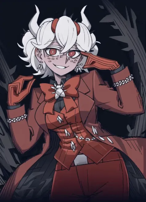 ((best quality)), ((highly detailed)), masterpiece, (detailed eyes, deep eyes), (1girl), (glasses), cowboy shot, <lora:beelzebub:.8>, beelzebub(helltaker), short hair, white hair, hair between eyes, (red eyes), demon horns, white horns, black tail, ((freckles)), large breasts, smile, business suit, red jacket, waistcoat, red bowtie, vest, black collared shirt, earrings, red gloves, red pants, (at a swamp), <lora:vanripperartStyle:.9>
