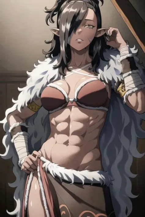 <lora:RevengeOfTheBaskerville:0.85>, akwilla, 1girl, solo, fur cape, brown bra, brown skirt, armband