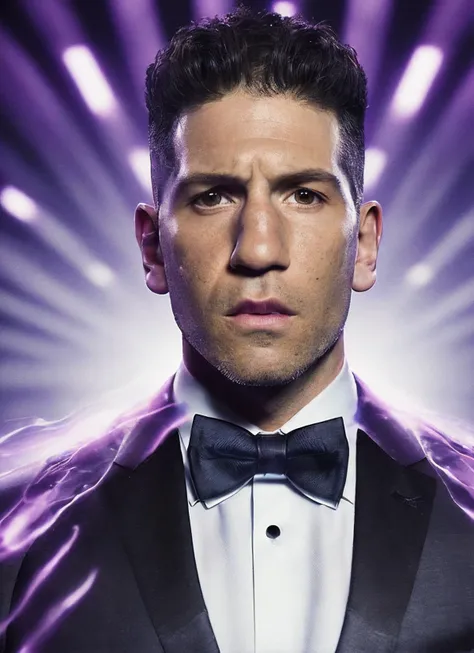 portrait of sks person in tuxedo, (perfect eyes), energetic and colorful streams of light (photo, studio lighting, hard light, sony a7, 50 mm, matte skin, pores, concept art, colors, hyperdetailed), with professional color grading, soft shadows, bright colors, daylight, <lora:locon_jon_v1_from_v1_64_32:1.3>