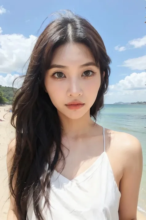 ((1girl)), in naked bikini, instant camera flash, pose at Summer festival, makeup with glossy lip, small breasts, bracelet, (girl in beach concert:1.4), various angle, ((face focus)), 22 years old, Beautiful Japanese Girl, sitting pose, (nsfw:1.4), realistic light, realistic skin tone, Crowd, full of people
