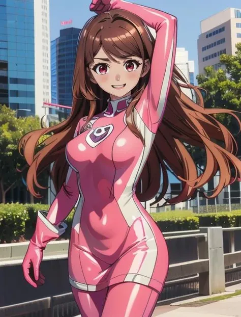 best quality, masterpiece, highres, detailed, digital artwork, <lora:Detail - add_detail:0.2>, SentaiPink, <lyco:Change - SentaiPinkCh:0.8>, pink bodysuit dress,  gloves, city, noon, BREAK, EikoHozuki, red eyes, excited, cheering, brown hair, long hair, swept bangs, <lora:Character - EikoHozuki:0.6>