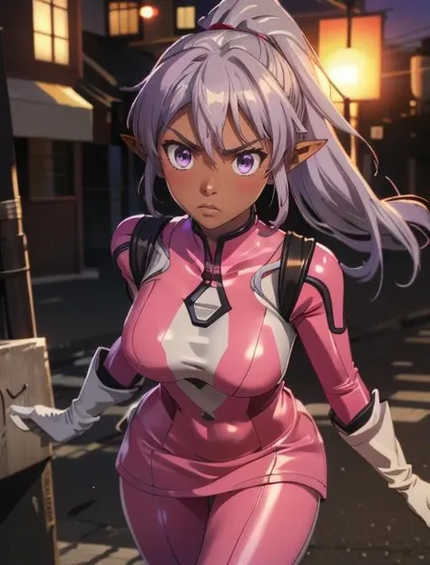 best quality, masterpiece, highres, detailed, digital artwork, <lora:Detail - add_detail:0.2>, SentaiPink, <lyco:Change - SentaiPinkCh:0.8>, pink bodysuit dress,  gloves, city, noon, BREAK, AishaU, dark skin, purple eyes, silver hair, ponytail, serious,  <lora:Character - AishaU:0.6>, pointy ears,