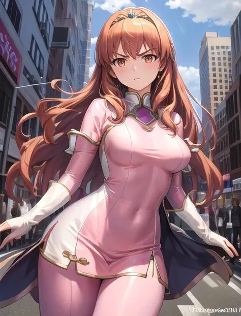 best quality, masterpiece, highres, detailed, digital artwork, <lora:Detail - add_detail:0.2>, SentaiPink, <lyco:Change - SentaiPinkCh:0.8>, pink bodysuit dress,  BREAK, CelicaFE, orange hair, orange eyes, tiara, serious, <lora:Character - CelicaFE:0.6>, city,