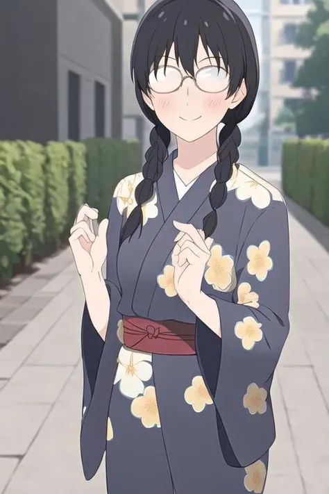 masterpiece, best quality, black hair, 1girl, twin braids, (black eyes), glasses, smile, blushing, standing, floral yukata, 
<lora:makoto_kurume:0.7>