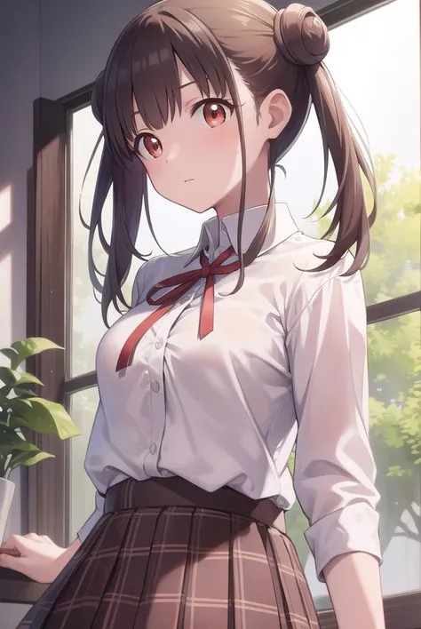 (highest quality, 8k, masterpiece, best image quality, ultra hd, delicate and smooth skin, real looking skin, perfect and beautiful face ,perfect and cute face, high detail skin, perfect limbs、thin waist、thin legs)、nurse uniform、grumpy face、twin tails、brown hair、red ribbon、nurse hat、white knee socks、bright room、