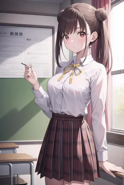 chiyokosonoda, <lyco:chiyokosonoda-lyco-nochekaiser:1>,
chiyoko sonoda, brown hair, (red eyes:1.5), hair bun, long hair, double bun, sidelocks,
BREAK brown skirt, buttons, collared shirt, dress shirt, miniskirt, neck ribbon, plaid, plaid skirt, pleated skirt, ribbon, school uniform, shirt, skirt, white shirt, yellow ribbon,
BREAK indoors, classroom,
BREAK looking at viewer, cowboy shot,
BREAK <lyco:GoodHands-beta2:1>, (masterpiece:1.2), best quality, high resolution, unity 8k wallpaper, (illustration:0.8), (beautiful detailed eyes:1.6), extremely detailed face, perfect lighting, extremely detailed CG, (perfect hands, perfect anatomy),