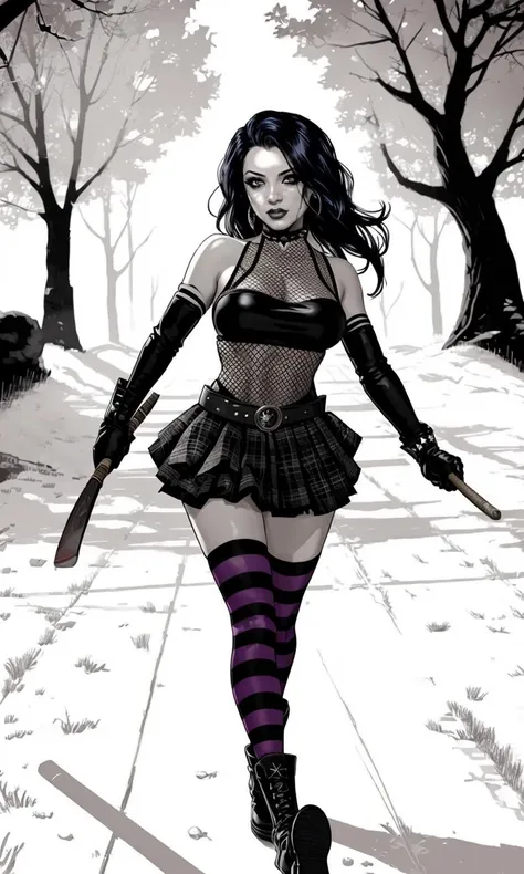 cassiehack2023, black hair, 1girl, action shot, 8k, uhd, trending on arstation, best quality, masterpiece, fishnet top, short skirt, 5 fingers, long gloves, full body, haunted mansion, horror \(theme\), holding machete, striped gloves, striped pantyhose, comic style, flat colors, outline