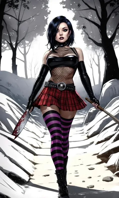 cassiehack2023, black hair, 1girl, action shot, 8k, uhd, trending on arstation, best quality, masterpiece, fishnet top, short skirt, 5 fingers, long gloves, full body, haunted mansion, horror \(theme\), holding machete, striped gloves, striped pantyhose, comic style, flat colors, outline