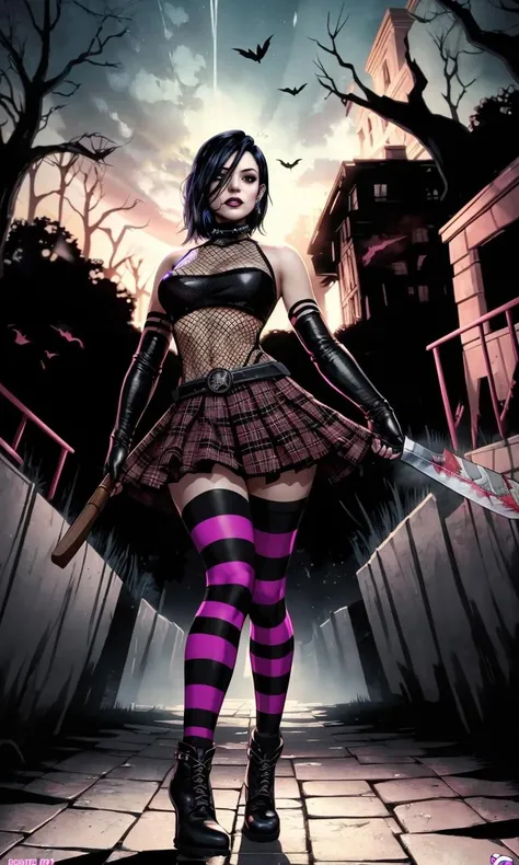 cassiehack2023, black hair, 1girl, action shot, 8k, uhd, trending on arstation, best quality, masterpiece, fishnet top, short skirt, 5 fingers, long gloves, full body, haunted mansion, horror \(theme\), holding machete, striped gloves, striped pantyhose, anime style, manga art, illustration, outline