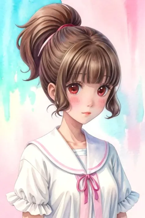 masterpiece, best quality, , 1girl, solo, looking at viewer, upper body, , (watercolor illustration, soft pastel colors:1.1), , <lora:yuki_kurihara:0.70>, yuki_kurihara, brown hair, red eyes, ponytail, pilgrim costume, ,