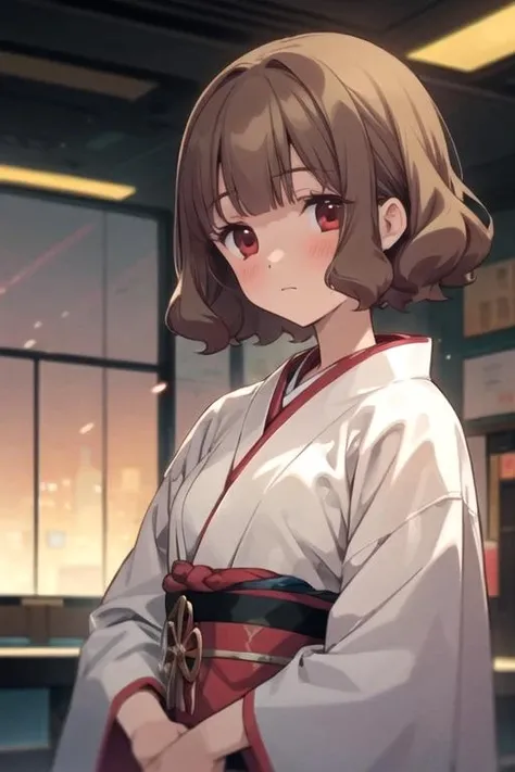 a white girl with short curly black hair, brown eyes, and in a japanese school uniform in the downtown of a city