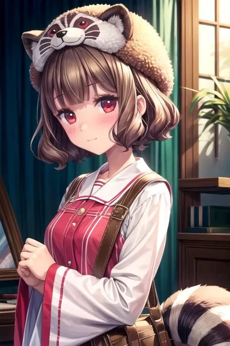 masterpiece, best quality, illustration, 1girl, solo, looking at viewer, , depth of field, , , <lora:yuki_kurihara:0.72>, yuki_kurihara, brown hair, red eyes, , , raccoon fur hat, new wave science fiction,