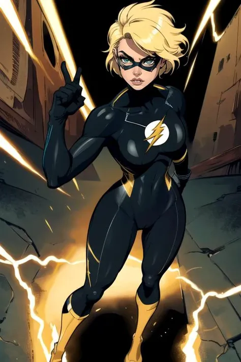 masterpiece,best quality,extreme detail,8k,image sharpness,<lora:flash-20:0.6>,flashwoman,1girl,solo,breasts,looking at viewer,white hair,gloves,lips,((black bodysuit)),mask,animification,full body,standing pose,(curvy),electricity,cut hair,green eyes,