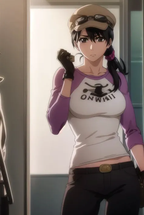 ikumiunagiya, <lyco:ikumiunagiya-lyco-nochekaiser:1>,
ikumi unagiya, long hair, (black hair:1.5), (brown eyes:1.5), ponytail, low ponytail,
BREAK gloves, hat, belt, pants, sunglasses, goggles, raglan sleeves, black gloves,
BREAK indoors,
BREAK looking at viewer, (cowboy shot:1.5),
BREAK <lyco:GoodHands-beta2:1>, (masterpiece:1.2), best quality, high resolution, unity 8k wallpaper, (illustration:0.8), (beautiful detailed eyes:1.6), extremely detailed face, perfect lighting, extremely detailed CG, (perfect hands, perfect anatomy),
