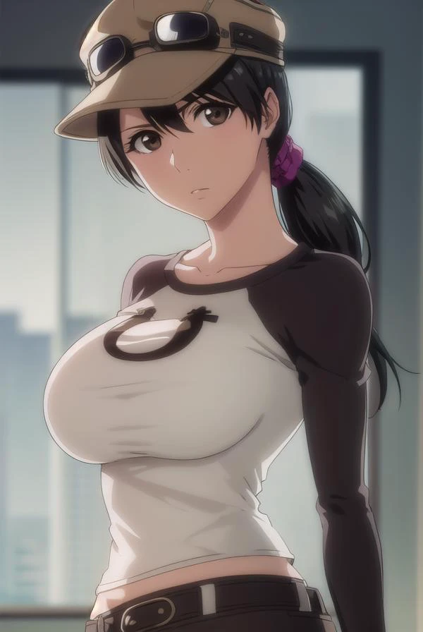 ikumiunagiya, <lyco:ikumiunagiya-lyco-nochekaiser:1>,
ikumi unagiya, long hair, (black hair:1.5), (brown eyes:1.5), ponytail, low ponytail,
BREAK gloves, hat, belt, pants, sunglasses, goggles, raglan sleeves, black gloves,
BREAK indoors,
BREAK looking at viewer, (cowboy shot:1.5),
BREAK <lyco:GoodHands-beta2:1>, (masterpiece:1.2), best quality, high resolution, unity 8k wallpaper, (illustration:0.8), (beautiful detailed eyes:1.6), extremely detailed face, perfect lighting, extremely detailed CG, (perfect hands, perfect anatomy),