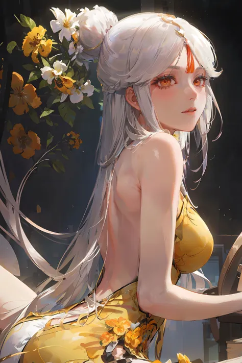 (masterpiece, best quality),1girl with long white hair sitting in a field of green plants and flowers, her hand under her chin, warm lighting, nude, blurry foreground