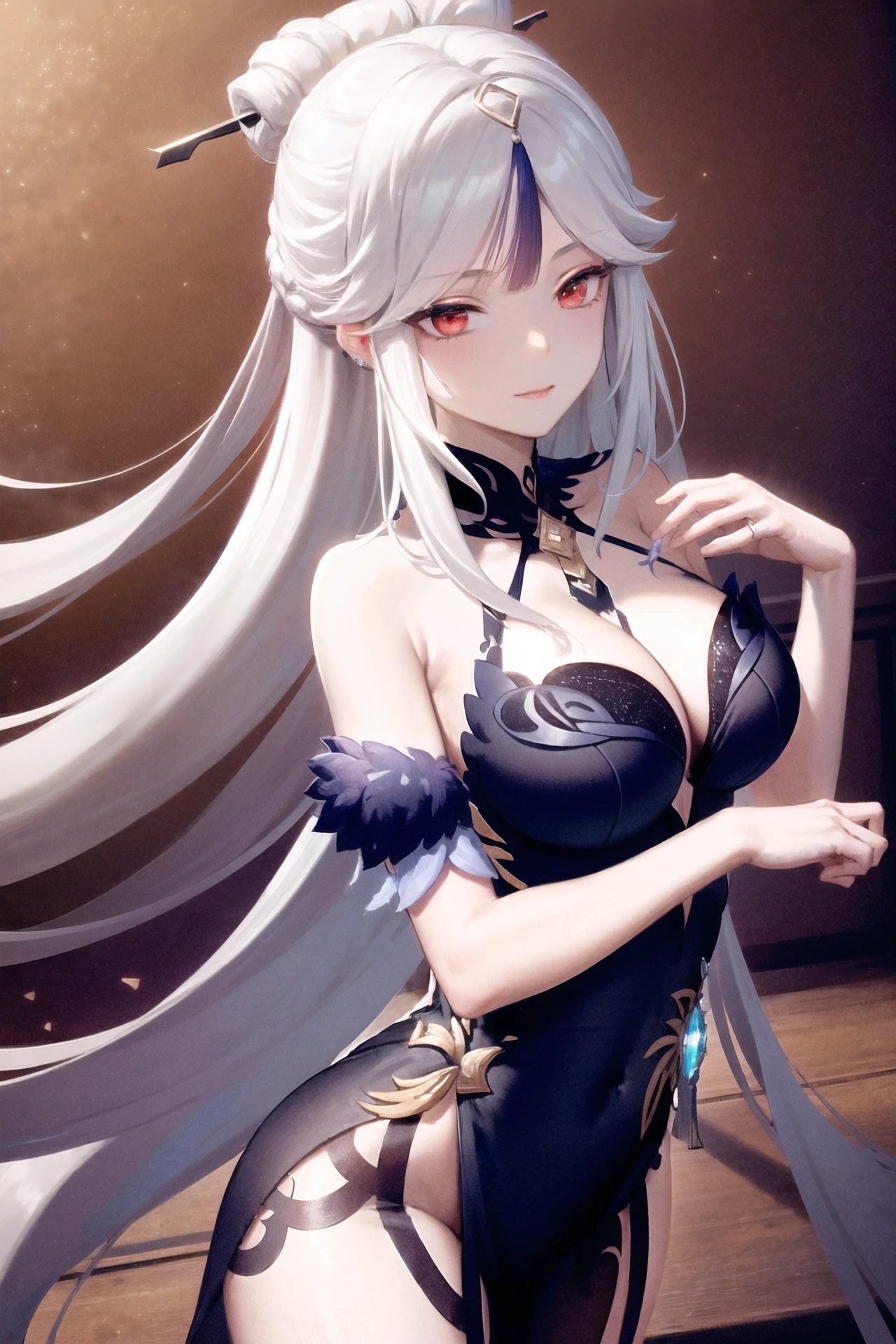 (extremely detailed CG unity 8k wallpaper,masterpiece, best quality, ultra-detailed),(best illumination, best shadow, an extremely delicate and beautiful), floating, high saturation,
dynamic angle, ((1girl)), gorgeous, ningguang \(orchid's evening gown\) \(genshin impact\),
white hair, red eyes, very long hair, hair ornament, bangs
