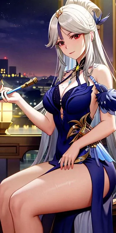 masterpiece, best quality,extremely detailed CG unity 8k wallpaper,1girl,cowboy shot,sitting,chair,evening,joy,palace,ningguang \(orchid's evening gown\) \(genshin impact\)