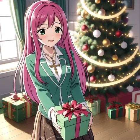<lora:ANIME_RosarioVampire_AkashiyaMoka_v01:0.90>akashiya moka, 1girl, silver metallic cross necklace with red gemstone, pink hair, green school uniform, brown plaid skirt, full body, 64K, f1.2, 800mm, UHD, dynamic lighting, 1 girl only <lora:SimpleNegative_AnimeV1:1> <lora:happyChristmas:0.5> christmasPresent,christmas,christmas lights,christmas ornaments,christmas tree,merry christmas,solo focus,(((giving gift box, gift, gift box, giving, holding gift, incoming gift))), green school uniform, detailed hands, perfect hands
