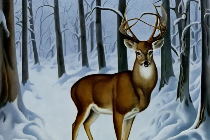 a painting, by Earle Bergey,  a deer standing in a forrest, winter