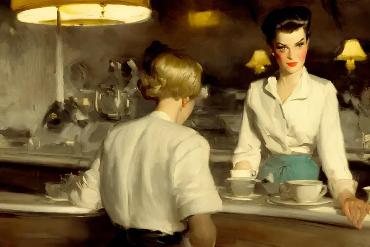 a painting, by Tom Lovell,  a beautiful waitress standing in a viennese coffee house