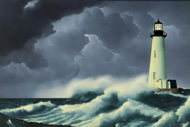 a painting, by George Gross,  a lighthouse in a stormy night, light rays