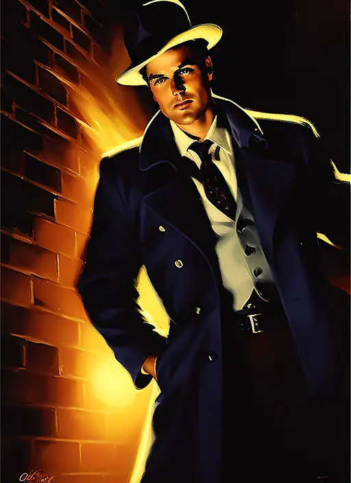 a painting, by Glen Orbik, by Robert Stanley, by Earle Bergey; a man, wearing a trenchcoat, wearing a fedora, in an alley; brick wall behind him, at night, dramatic lighting; detective, crime, mystery