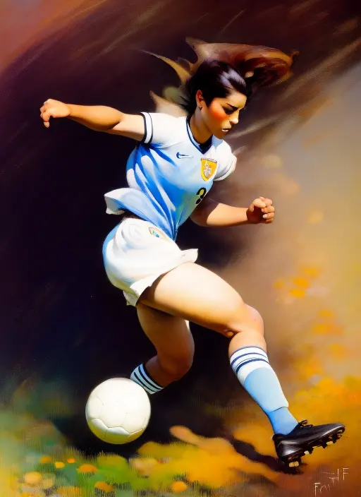 a painting, by Frank Frazetta; a young woman, playing soccer, in a field, outside