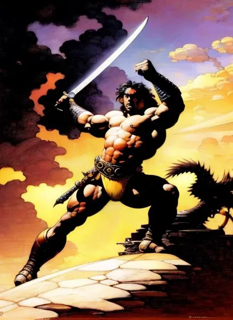 a painting by Frank Frazetta; yellow sky in background