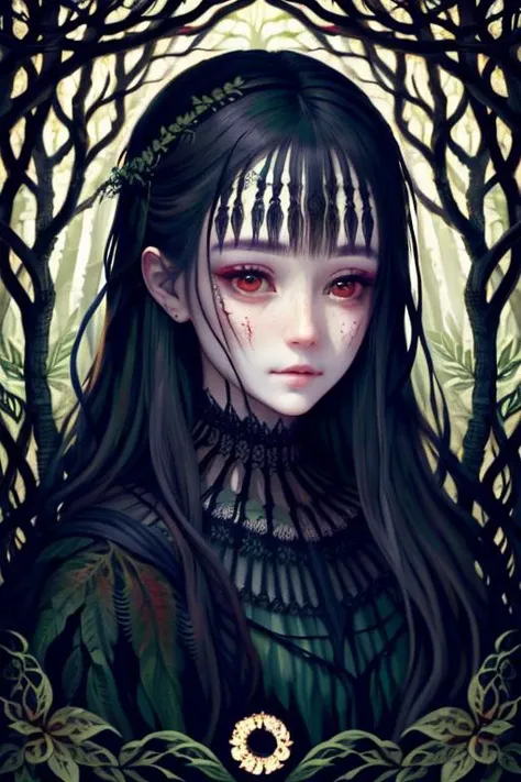 woman in a mythical forest, masterpiece, perfect face, intricate details, horror theme <lora:muririn1:1> muririn style