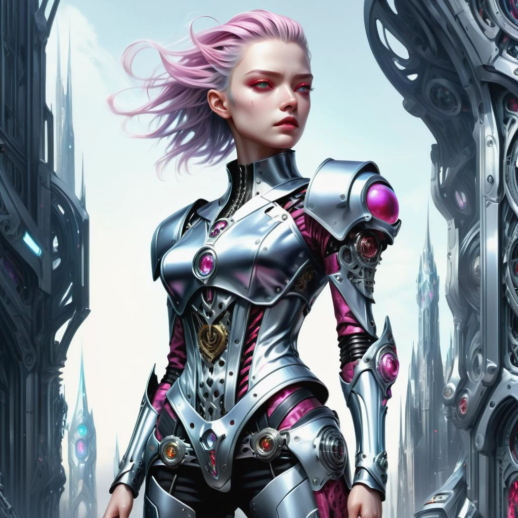 ((best quality)), ((masterpiece)), ((realistic,digital art)), (hyper detailed),DonMR0s30rd3rXL cyborg knight upper body clothing, Henley Neck, Biomech Silk, Sphere,, Cutout Sleeves, Knee Length, High Waist, High Slit, Corset Closure,,Embellishments, , octane rendering <lora:DonMR0s30rd3rXL-000012:0.8>