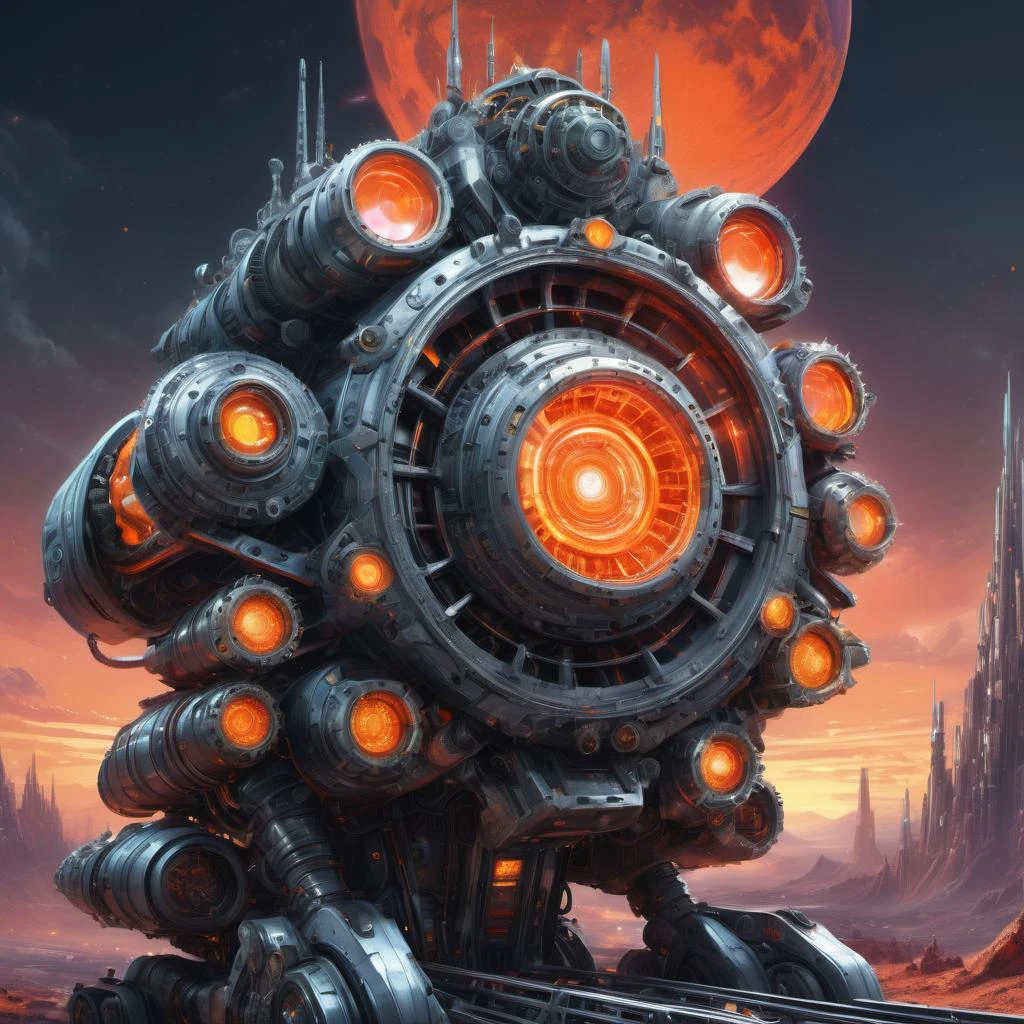 ((best quality)), ((masterpiece)), ((realistic,digital art)), (hyper detailed),DonMR0s30rd3rXL Gigantic Conveyance, Flashing Lights, Stone, Rusty, Sunset Orange, , octane rendering <lora:DonMR0s30rd3rXL-000012:0.8>