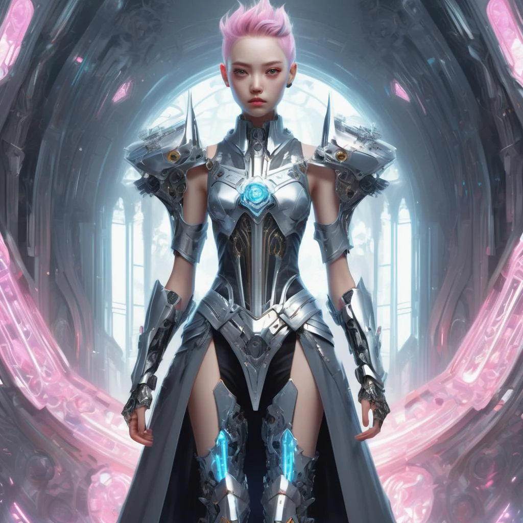 ((best quality)), ((masterpiece)), ((realistic,digital art)), (hyper detailed),DonMR0s30rd3rXL petite cyborg knight, full body clothing, V-Neck, Lace, Cap Sleeves, Tea Length, High Waist, Flared Skirt, Cold Shoulder Design,,Sequins,,Cross-Back, , octane rendering <lora:DonMR0s30rd3rXL-000012:0.8>