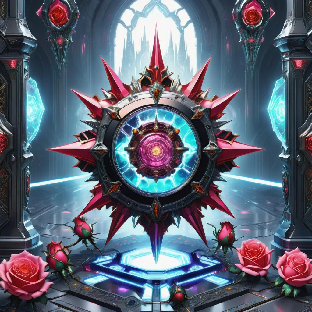((best quality)), ((masterpiece)), ((realistic,digital art)), (hyper detailed),DonMR0s30rd3rXL decorated knight of the rose Quantum-based Force Field Nexus, Rubber Flooring,Obsidian stone, Oil Lamps, Pathway Lighting, octane rendering <lora:DonMR0s30rd3rXL-000012:0.8>