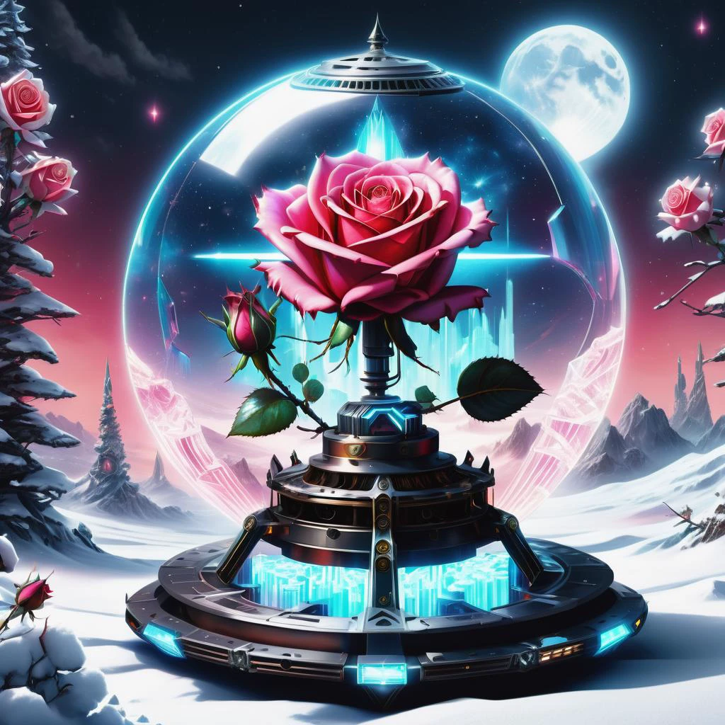 ((best quality)), ((masterpiece)), ((realistic,digital art)), (hyper detailed),DonMR0s30rd3rXL rose VR Lightshow Emporium, Magnetic Levitation Structural Support, Reflective Moonlight on Snow, Gas Lanterns (Outdoor), octane rendering <lora:DonMR0s30rd3rXL-000012:0.8>