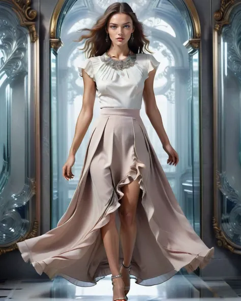 <lora:f412glassXL:0.7> glass, complex background, ornate details, UHD, realistic fabric movement, fashion photography, supermodel pose BREAK slim full body clothing, twill, short sleeves, maxi length, natural waist, pleated skirt, back darts, open back, ruffles, statement necklace <lora:Xenomechanical_XL:0.7> <lora:DonMR0s30rd3rXL-000012:0.7>