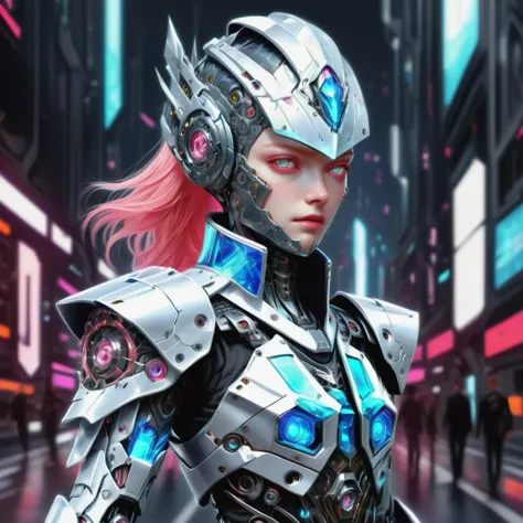 ((best quality)), ((masterpiece)), ((realistic,digital art)), (hyper detailed),DonMR0s30rd3rXL cyborg knight upper body clothing, V-neck, AR-embedded Carbon-fiber, , Auroral Prism Roof Panels, Flutter Sleeves, Asymmetrical Hemline, Empire Waist, Side Seam Slits,,Embroidery, , octane rendering <lora:DonMR0s30rd3rXL-000012:0.8>