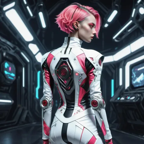 ((best quality)), ((masterpiece)), ((realistic,digital art)), (hyper detailed),DonMR0s30rd3rXL upper body clothing, Mock Neck, Synth-leather, Virtual Reality Interface Texture,, Raglan Sleeves, Asymmetrical Hemline, Empire Waist, Illusion Back, , lower body clothing, Lycra, , Cropped Length, High Waist, Allover Print,Open Back,,D-Rings,,Appliqué Work,,Asymmetric Hem, , octane rendering, raytracing, volumetric lighting, Backlit,Rim Lighting, 8K, HDR, <lora:DonMR0s30rd3rXL-000012:0.8>