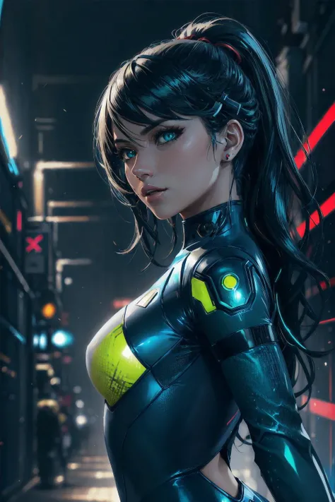 best quality, masterpiece, perfect face, beautiful and aesthetic, colorful, dynamic angle, highest detailed face deep shadows, dappled lighting, realistic, absurdres, intricate, <lora:more_details:.1>, <lora:epi_noiseoffset2:.8>, cinematic lighting female cyberpunk princess, dystopian neon tunnel background, nighttime short wavy black hair, tan skin, green left eye, cyber bionic right eye (simple Red cyber suit:1.4), small breasts, (yellow energy stripes:.8), red clothes, <lora:samus:.4>, (red zero suit:.7), data trail tattoo, mechanical parts, dynamic angle, (closed mouth:.7)