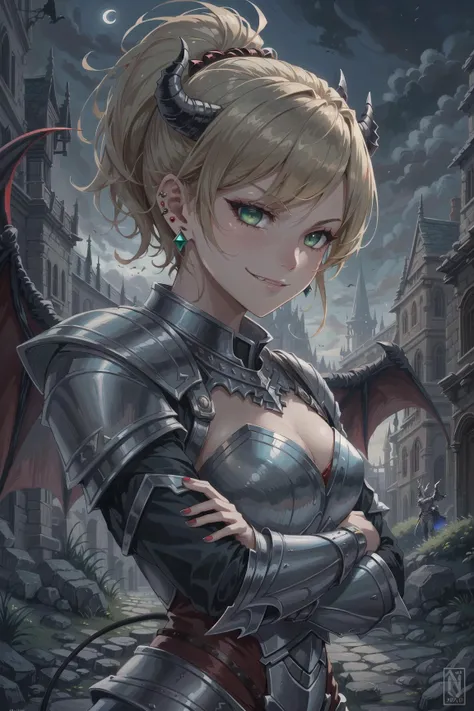 (adult:1.3), (Mature demon woman:1.2), blonde hair, ponytail, soft green eyes, armor, fantasy armour, red skin, dark red nail polish, looking at viewer, upper body shot, fang, landing wings, <lora:landing_wings:.3>, demon wings, <lora:has_wings:.15>,, masterpiece, best quality, dynamic pose, sly grin, slender, small breasts, night, stone courtyard, fantasy art, crescent moon, (knight:1.2), green stud earrings, dynamic pose, (out of frame:1.1), (close up:1.4), heavy armor, small black demon horns, demon tail, art by artstation, closed mouth, leg armour, breastplate, platinum white plate armor, (arms crossed:1.3),