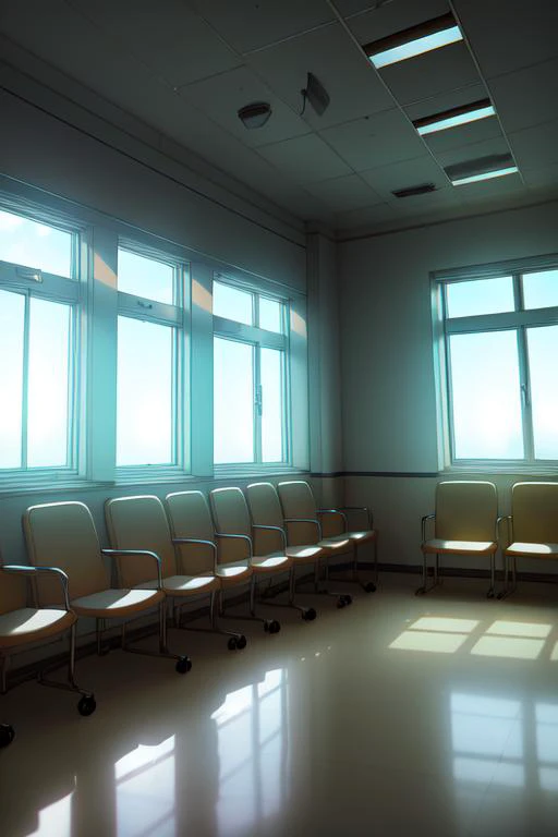 hospital waiting room, interior, hdr, chromatic aberration, sunshafts, window